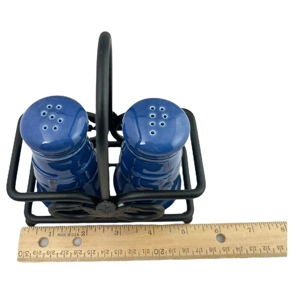 Longaberger Cornflower Blue Salt & Pepper Shaker Set w/ Black Wrought Iron Caddy - Picture 14 of 14